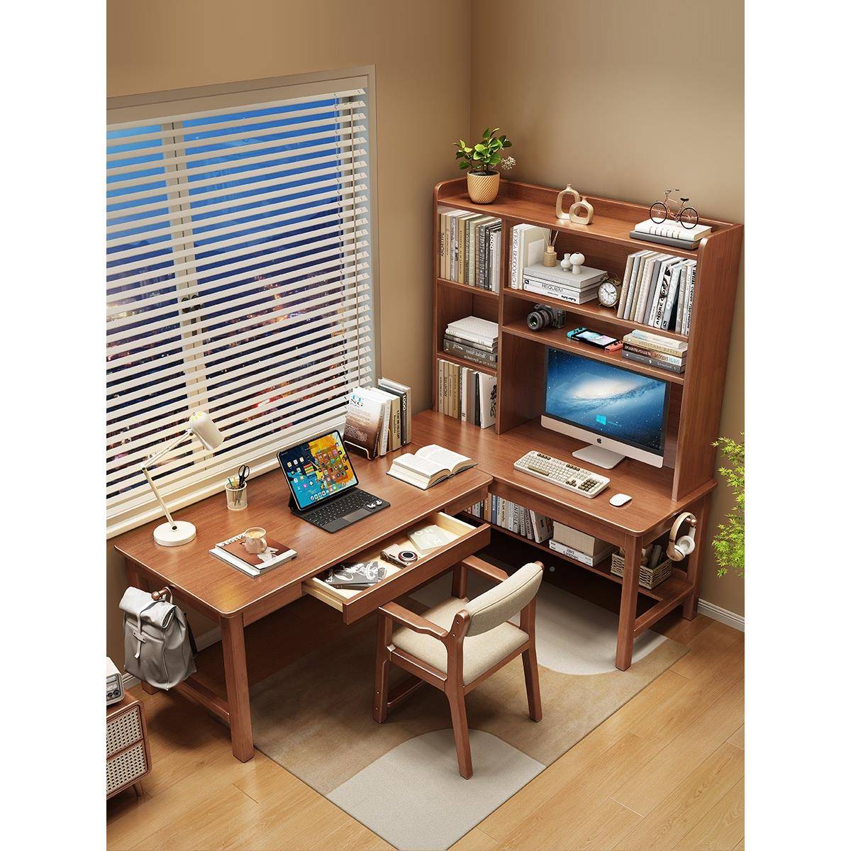 J&实角型书桌转书架一体学生家用书RKA木柜组合学习桌卧室L拐角电