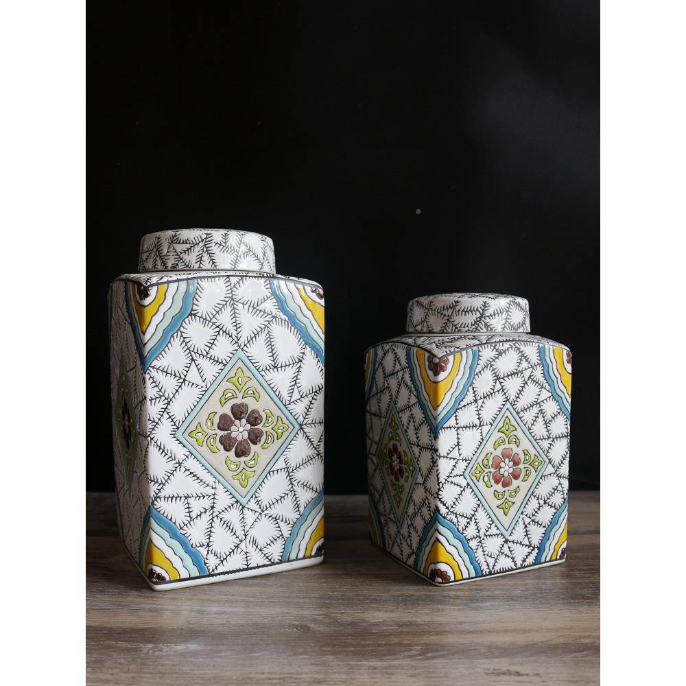 欧古典酒创意带盖陶瓷四方装饰罐店家客ITB厅玄关居软装饰花式瓶