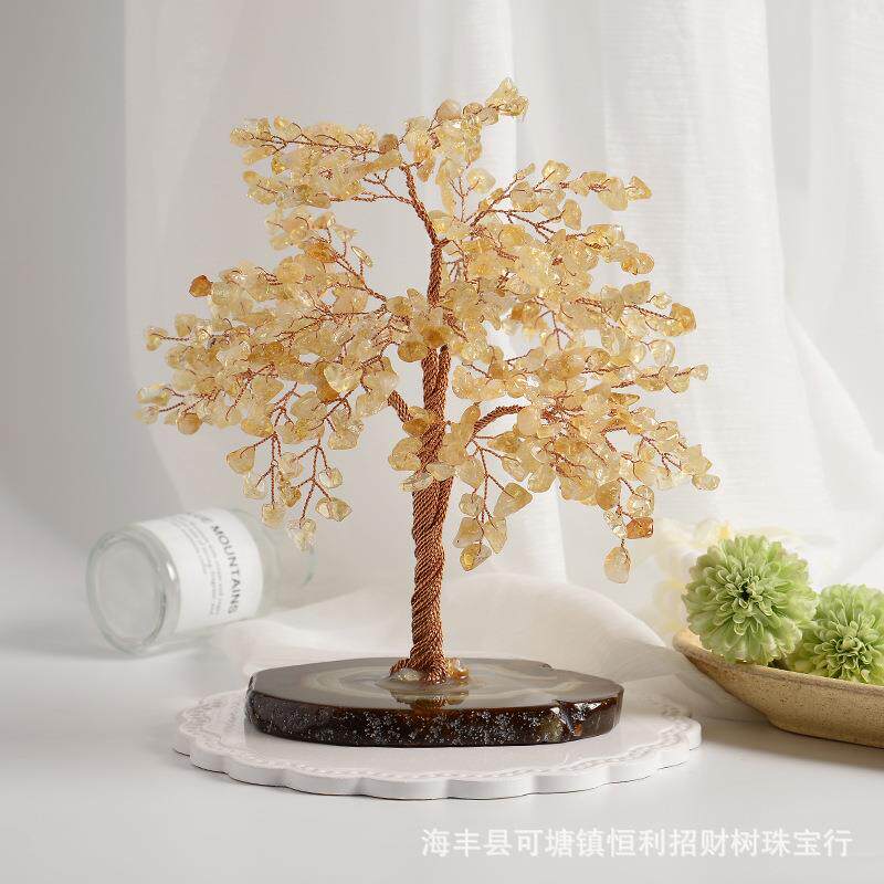 天然黄水晶碎石发财树纯手工制作玛瑙底座桌面摆件梳妆台精致装饰