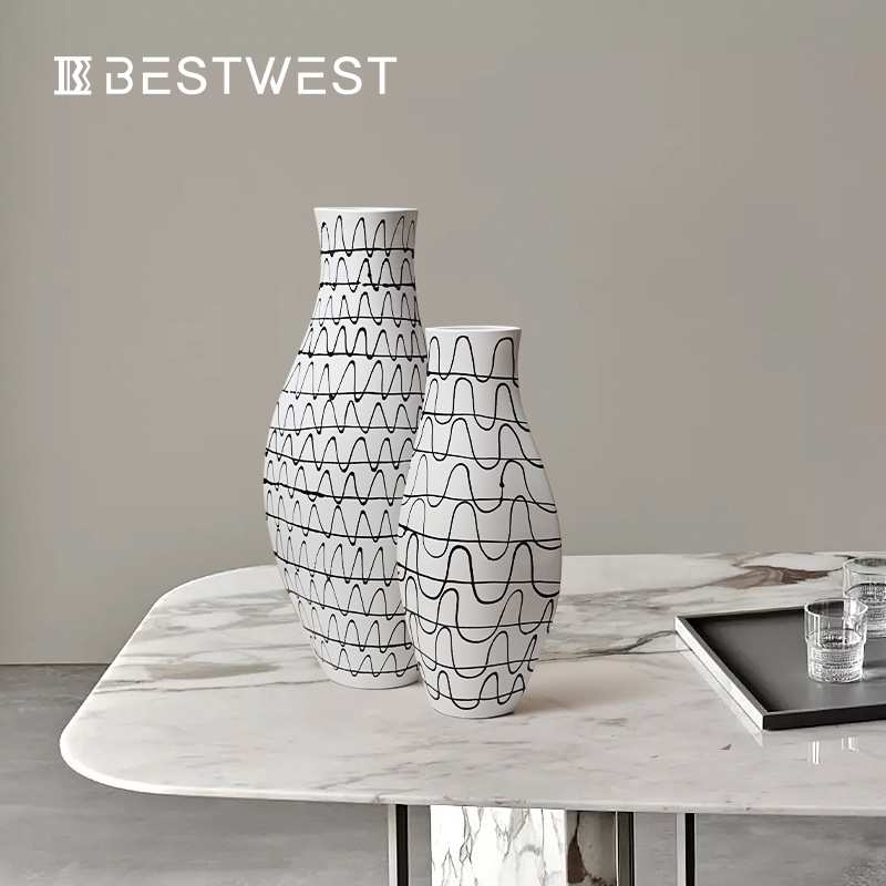 Best west 简约黑白条纹心跳陶瓷花瓶摆件 ins家居侘寂风陶瓷花器