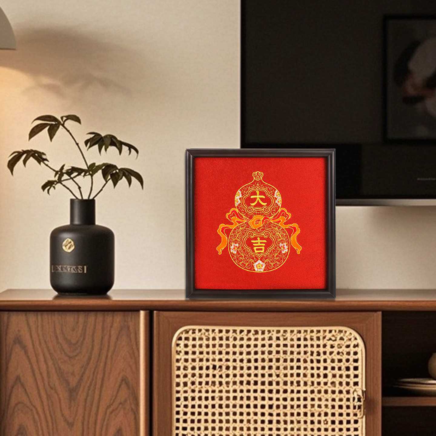 福禄葫芦刺绣织画相框摆台新中式客厅玄关桌面摆台过年喜庆装饰品
