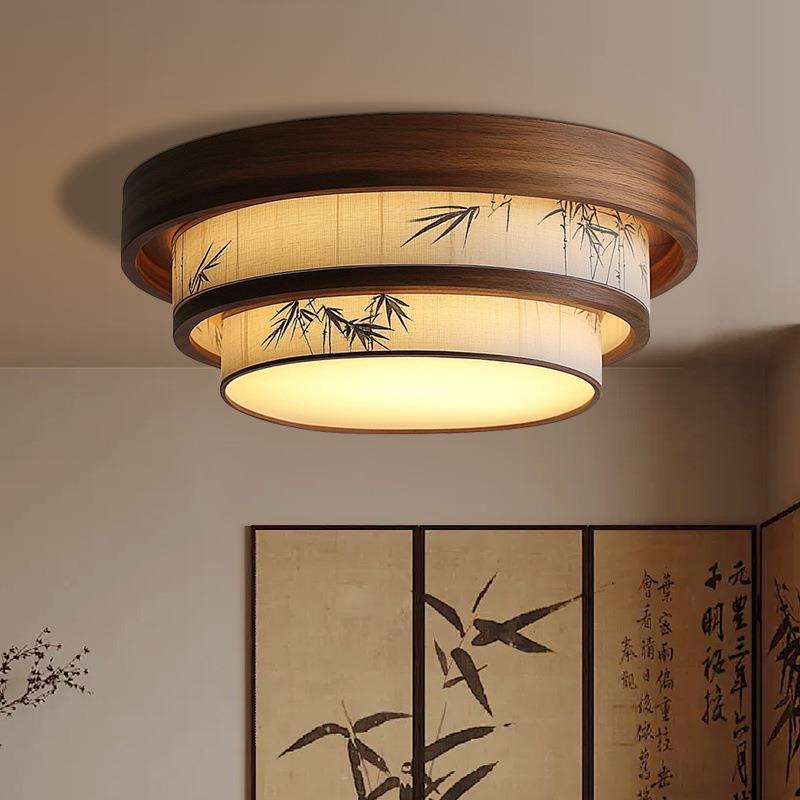 宋代美学圆形多层蛋糕造型吸顶灯竹叶山水绘画顶灯卧室餐厅主灯
