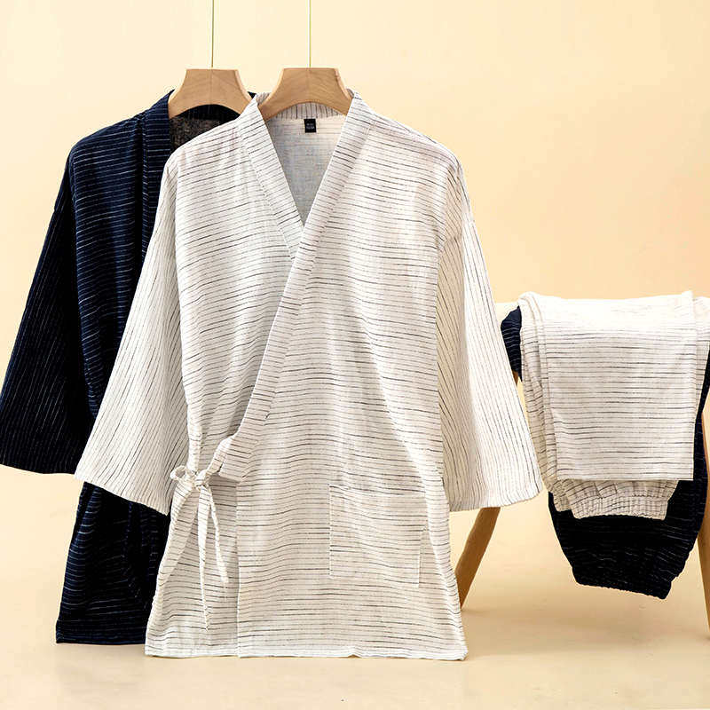 日式和服睡衣男士春秋季纯棉纱服布风汗简约款套装家居服新疆包邮