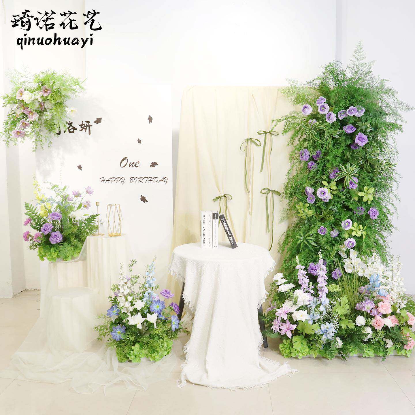 韩系宝宝周岁森系花柱场景布置生日拍照道具牛角拱门仿真花迎宾花