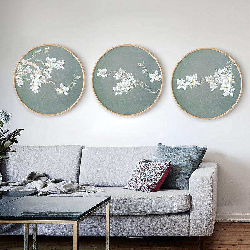 新中式禅意装饰画圆形挂画清新水墨客厅餐厅过道壁画佛系莲花墙画