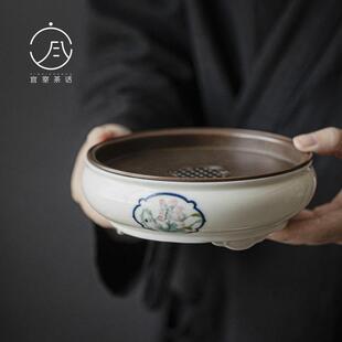 宜室茶话 手绘幽兰锡盖壶承仿古开窗高足蓄水茶盘圆形手工干泡台