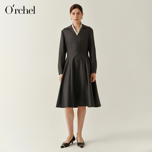 Orchel/欧榭丽2026新款羊毛竖条纹显瘦轻奢V领衬衫通勤中长裙