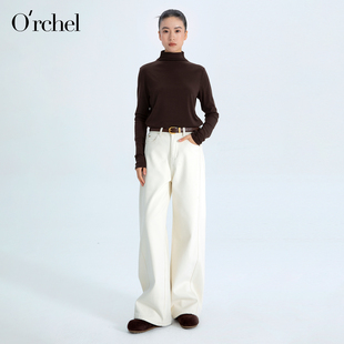 Orchel/欧榭丽老钱女士白色保暖直筒牛仔裤长裤显瘦休闲百搭