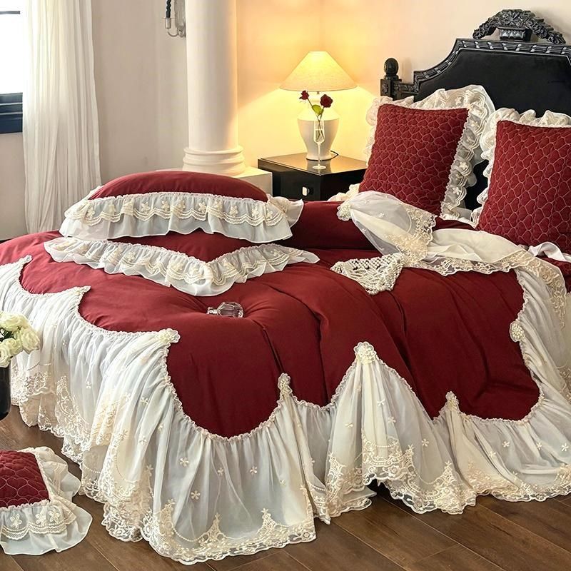 公主宫廷风红色结婚庆纯棉四件套复古被套长绒棉磨毛出嫁床盖床品,床上用品,婚庆床品套件,淘宝优惠券,粉丝福利购,淘宝优惠卷