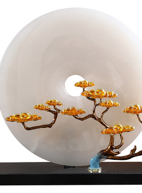 新中式迎客松摆件高端轻奢玉石平安扣办公室客厅玄关乔迁新居礼品