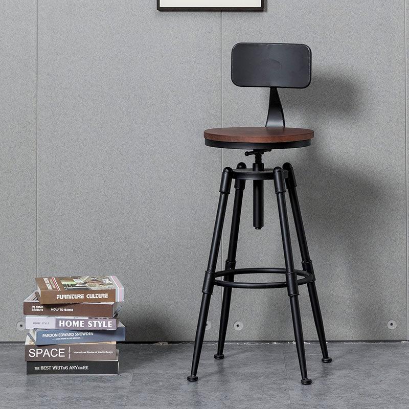 美式复古工业风酒吧椅旋转升降实木高脚凳铁艺靠背家用餐厅吧台凳
