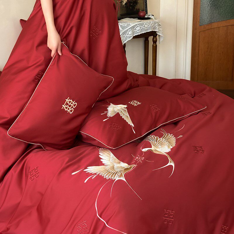 简约中式喜字婚庆四件套100S长绒棉纯棉被套红色结婚喜被床上用品