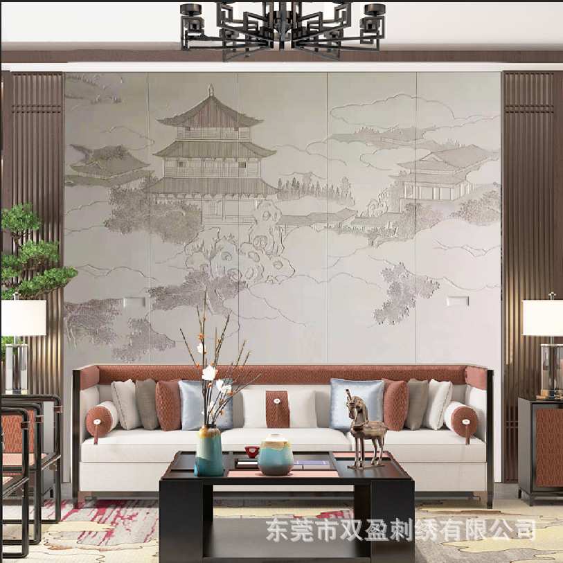 定制中式浮雕楼阁新中式5D硬包背景墙灯光皮雕沙发背景软包隔音