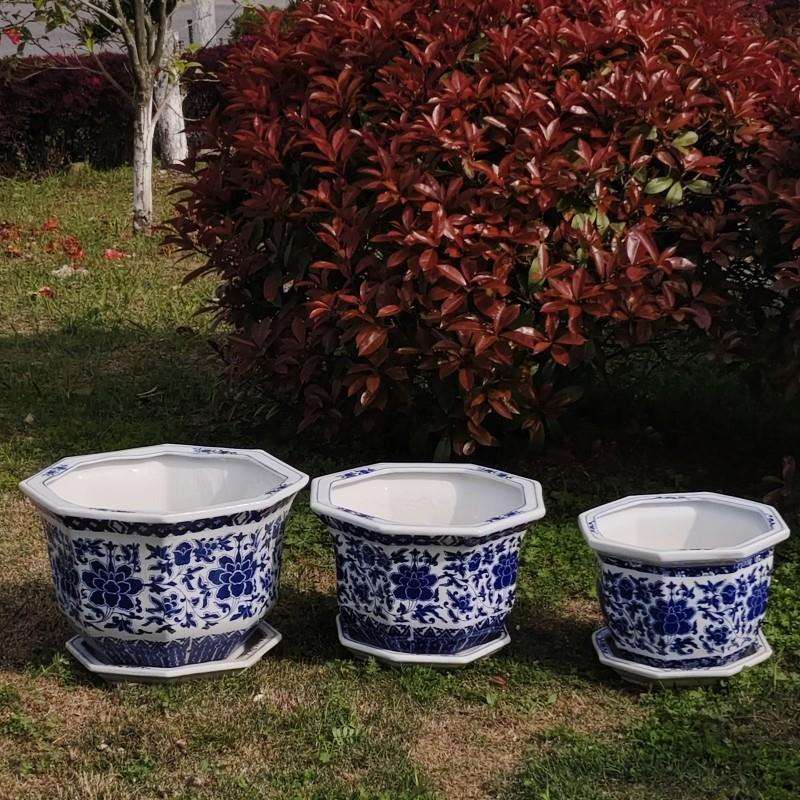 景德镇陶瓷花盆青花瓷芙蓉花八角盆带托盘阳台户外绿植盆栽花盆