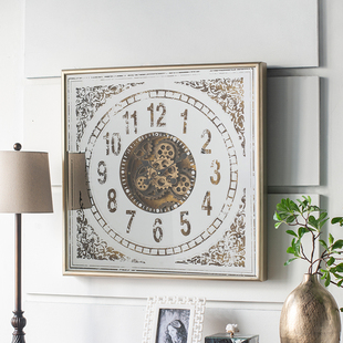 美式复古带齿轮正方形圆形超大型挂钟铁艺时钟壁饰壁挂钟表石英钟