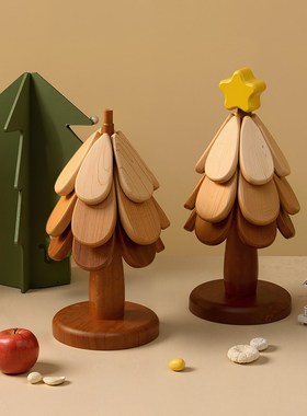 2025新款圣诞树隔热垫餐桌摆件高级感创意实木防烫垫折叠锅垫杯垫