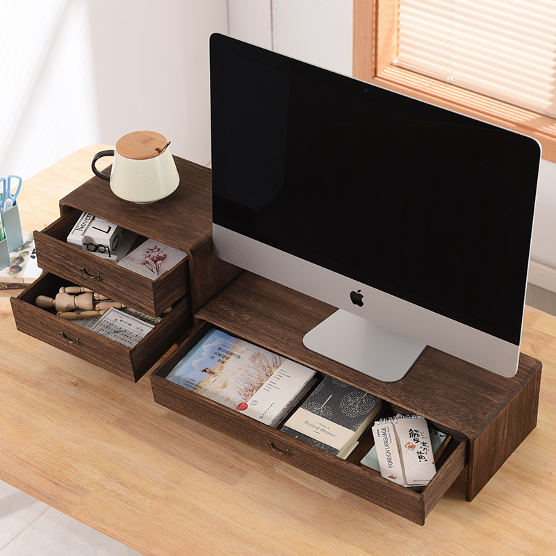 办公桌面收纳盒显示器增高架实木置物架子护颈电脑底座支架整理盒