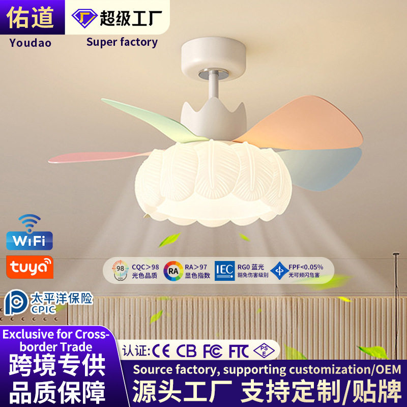 跨境羽毛吸顶风扇灯卧室书房儿童房彩色风扇灯具五叶全光谱吊扇灯