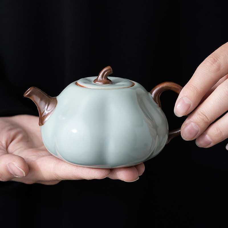 宋朴天青南瓜壶汝窑茶壶陶瓷手工单壶大号功夫茶具汝瓷可养泡茶壶