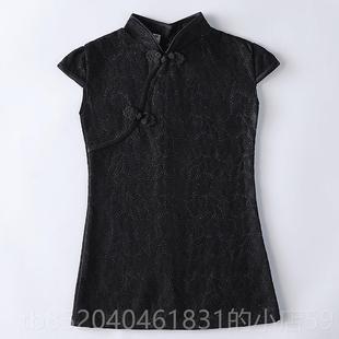 蕾丝连衣中裙儿童2唐装 小女孩新式 旗演 夏装 高档黑色袍女童025新款