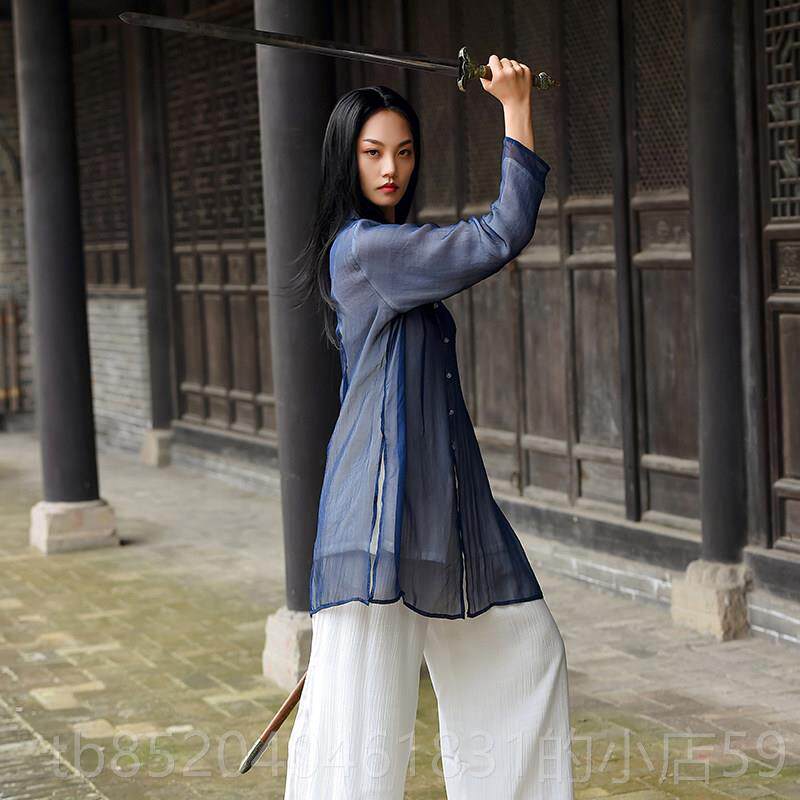 高档新款中风女太极国服飘逸上 晨风真丝棉麻衣双层太极拳武术表