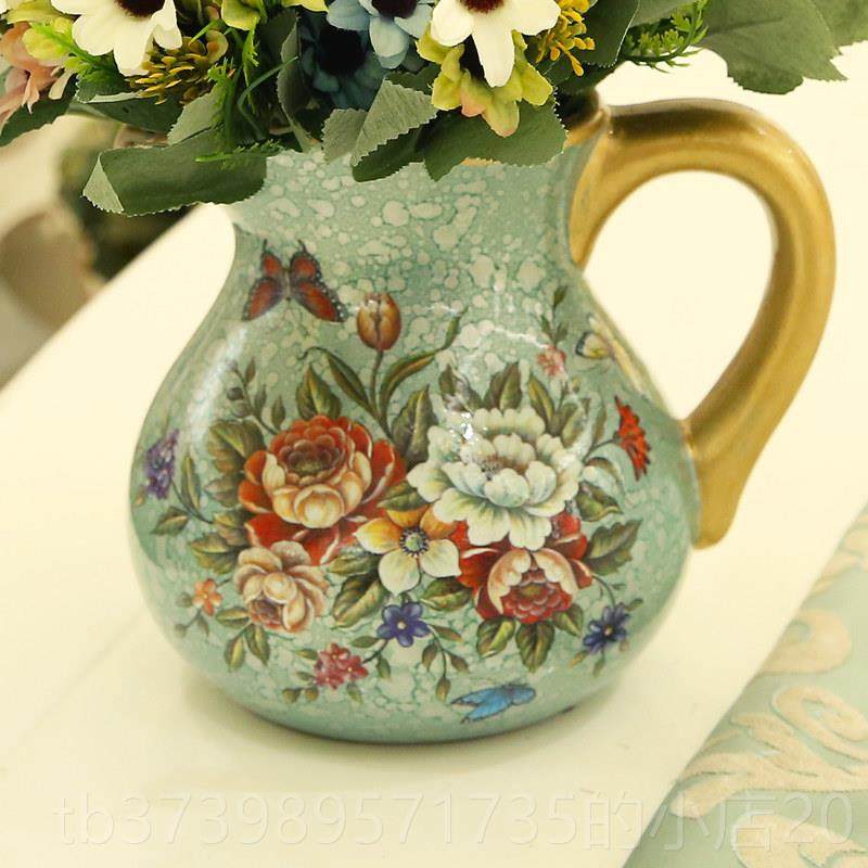 正品欧式田园复古彩陶瓷饰花瓶美 式绘乡村客厅装摆件干花插花器
