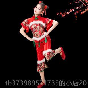 正品六一新款儿童演秧歌蹈舞出服男女红色喜庆灯笼开打鼓服门红扇