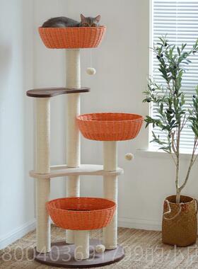 高档出口树本！猫爬架编织猫窝猫一体日麻多层猫抓柱跳台大剑型易