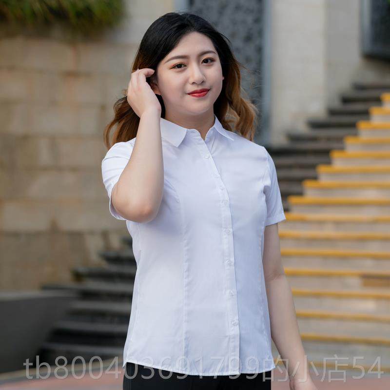 高档胖M短袖衬衫女宽200斤加肥加大码白衬衣中款职业工长作面试松