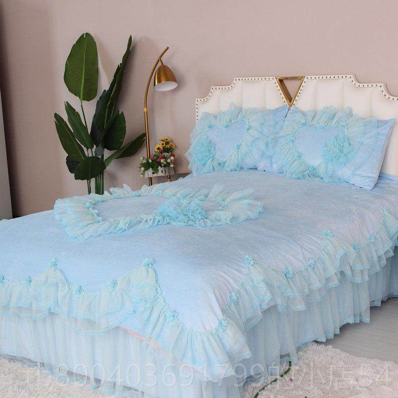 高档冬床裙式新款绗缝花边四件少女面套绒床单心床罩双被套紫色家