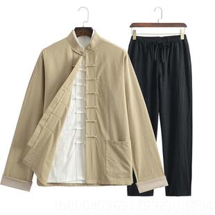 高档唐装男套装男盘扣覆古式年中国风中老年青外套棉麻春秋中装三