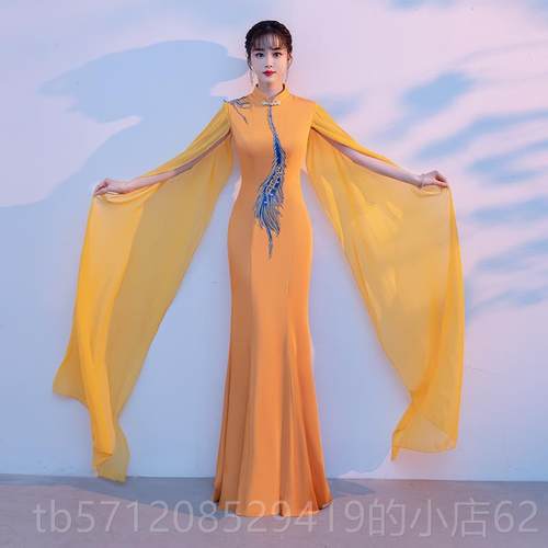 新款色走秀旗袍礼服裙女高鱼尾水袖古筝蓝表演服装中国风舞台演出