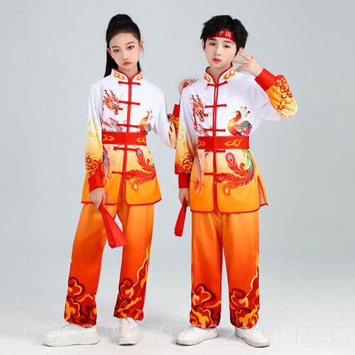 新款新儿款童武术表服扇子舞龙吟演出服国风打鼓服运动会开 幕中