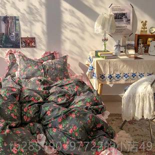 新款优恋5法式复古V套intage风玫瑰碎花全棉1四件套被床单床上1./