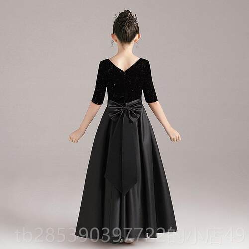 新款女童黑V领钢琴礼服台演出服公主儿裙童管弦乐色团中袖缎面舞