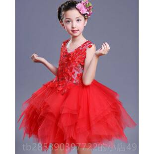 新款儿童演装女童红纱小学合唱表中式节裙日舞蹈服服装
