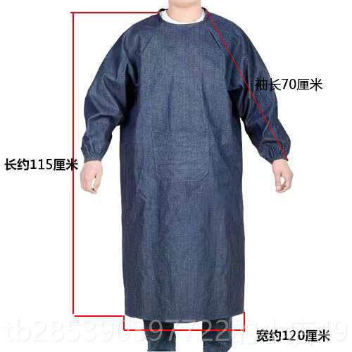 新款长袖牛仔材反穿衣工作服大号裙加厚石男搬运防围污罩衣成人女