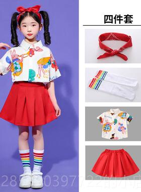 新款六一儿童啦啦队演出演服幼儿园蹈舞表红色风中国小学生运动会