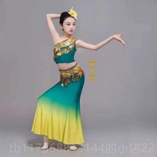 正品新款儿童族傣舞质蹈演出服女童傣族尾孔雀舞包臀鱼裙少儿优表
