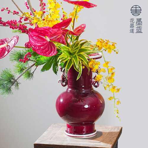 中式古典郎红龙耳瓶插花窑变家居陶瓷花瓶摆件工艺品礼品禅意花器