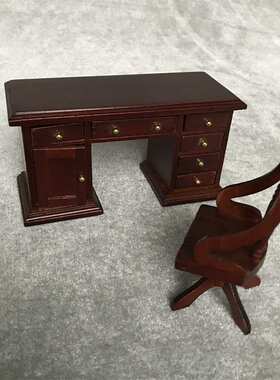 1:12娃娃屋miniature furniture木质迷你家具复古书房场景书桌椅
