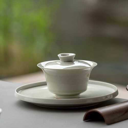 草木灰手工陶瓷盖碗带壶承 不烫手 仿古青釉盖碗 三才泡茶碗 茶具