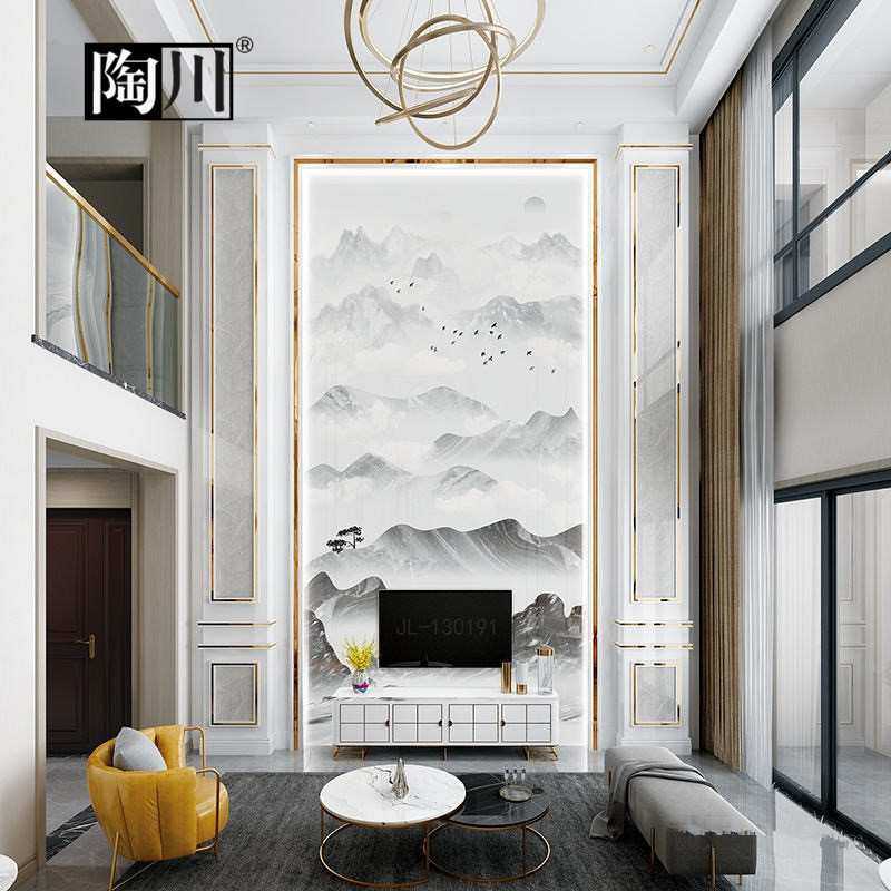 复式楼岩板背景墙别墅楼中楼微晶石瓷砖罗马柱新中式仿大理石客厅