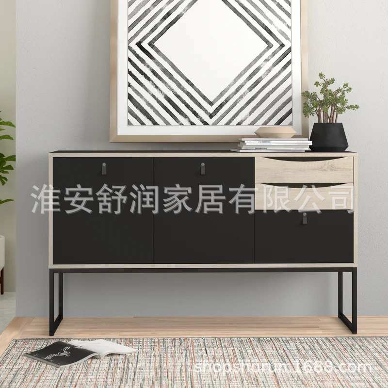 北欧皮革拉手餐边柜高柜一体家用入门玄关柜复古客厅茶水柜置物架