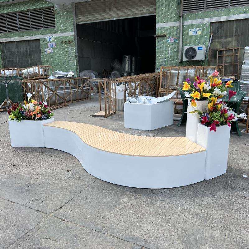 玻璃钢木纹长条休闲椅组合花盆商场长廊座椅户外广场坐凳长椅