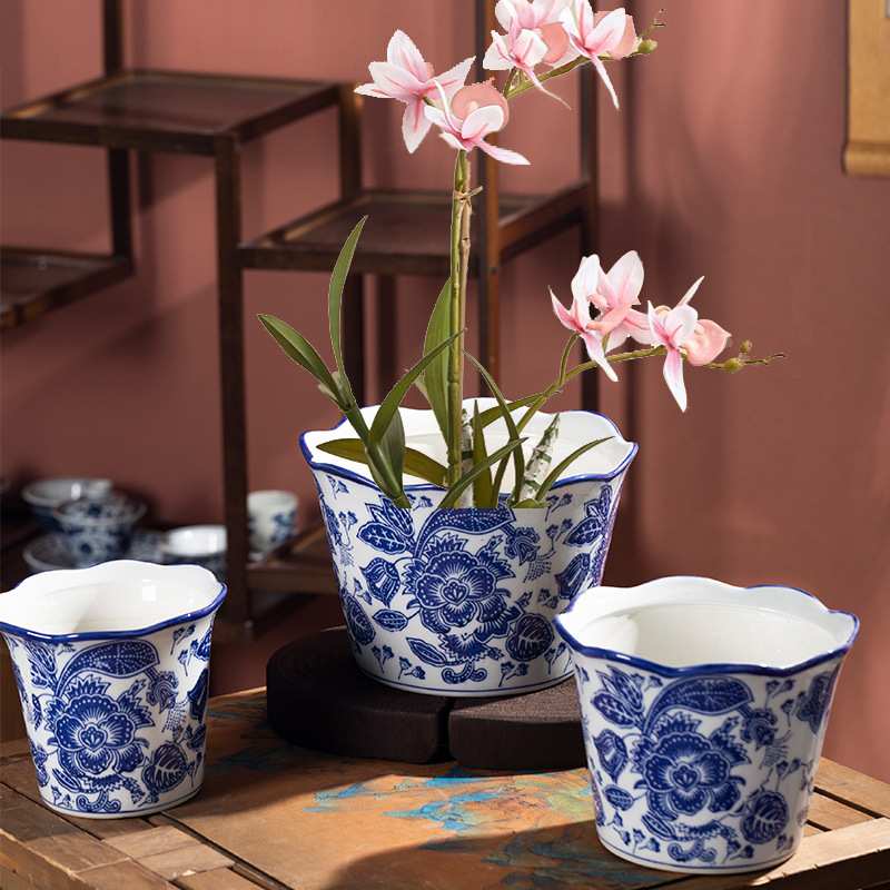 青花瓷中式陶瓷花盆带托盘青花瓷花钵阳台水培绿植绿萝铁树盆栽