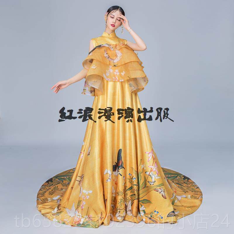 新款走百蝶图系列中国风中式礼服车华服商演T台秀舞台旗袍演展出