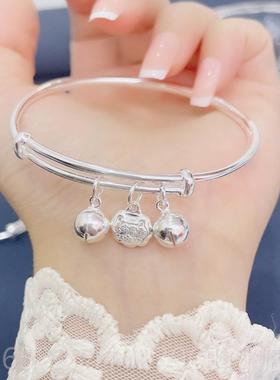 高档99纯银9足银福字平安岁锁铃铛长命锁手镯贵纯银长命富宝宝周