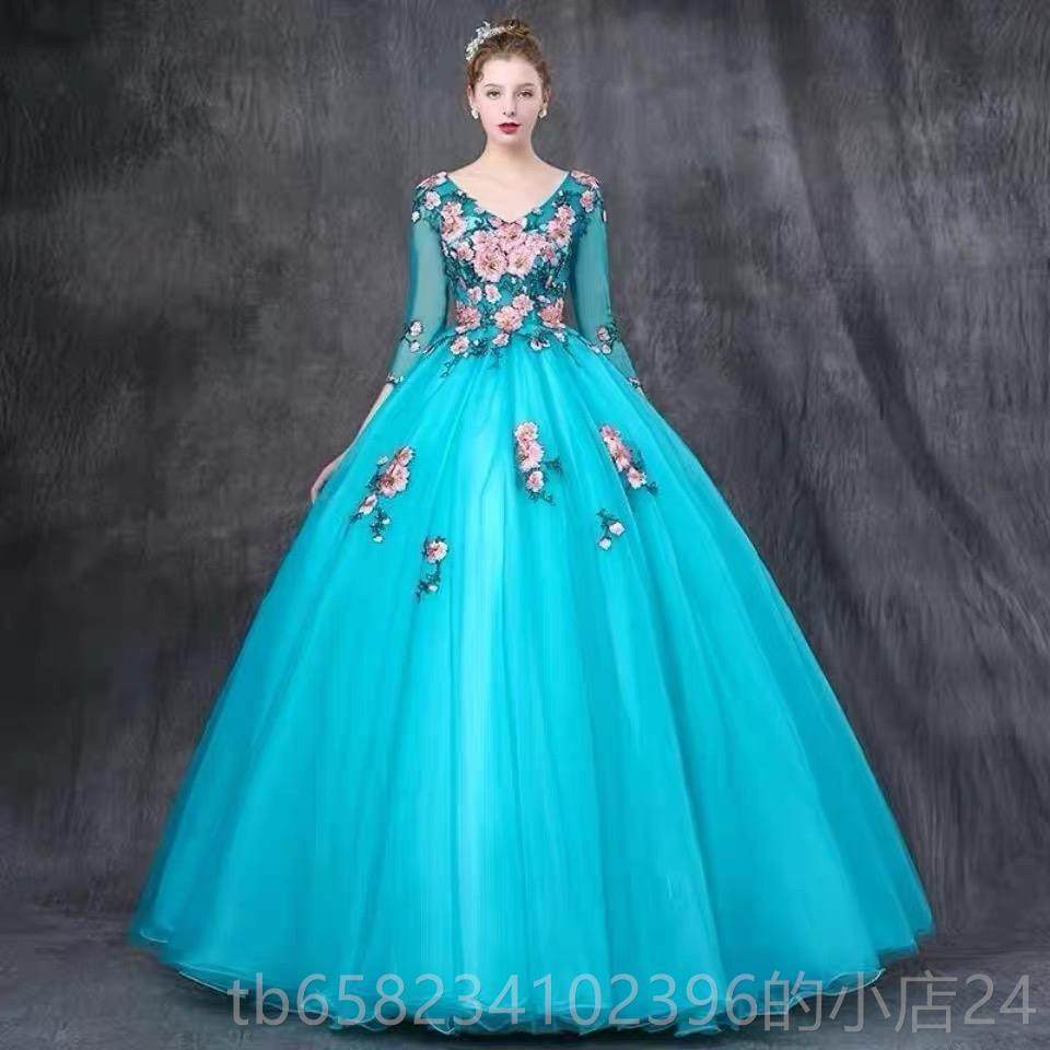 新款彩袖色婚纱晚礼服冬长学生艺考表演声乐民歌独出唱演服蓬蓬裙