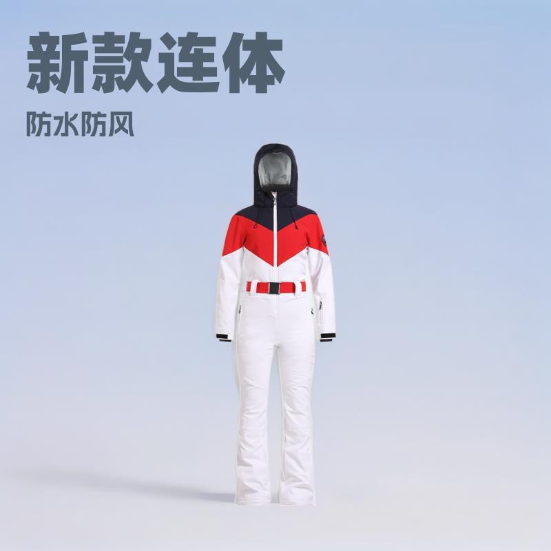 新款连体滑雪服女双板修身显瘦束腰防风防水保暖连帽滑雪衣裤套装
